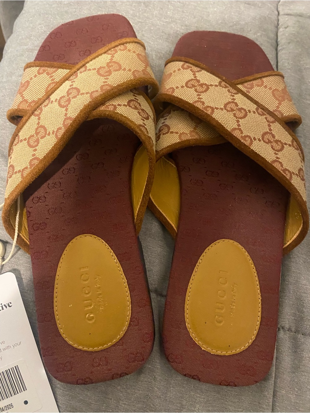Gucci Beige Brown Monogram Cross-Strap Slide Sandals